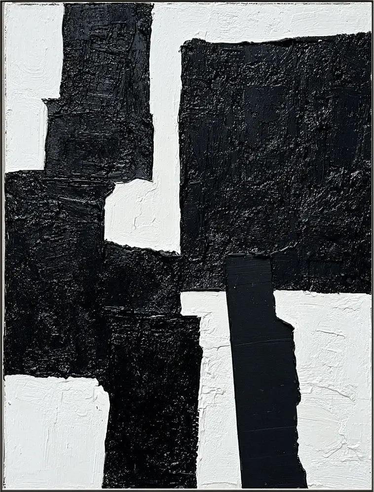 Obsidian Fracture: Textured Black and White Abstract Painting with Heavy Impasto Blocks