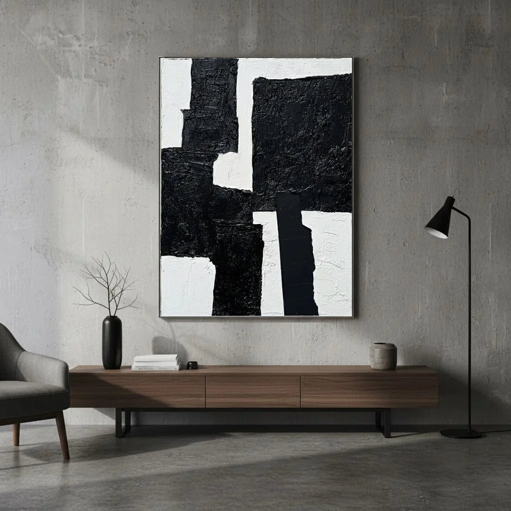 Obsidian Fracture: Textured Black and White Abstract Painting with Heavy Impasto Blocks