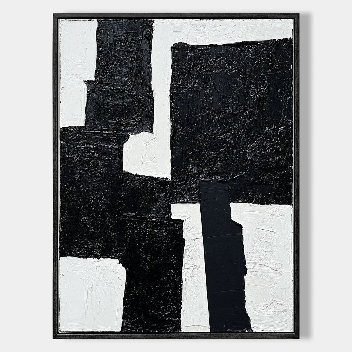 Obsidian Fracture: Textured Black and White Abstract Painting with Heavy Impasto Blocks