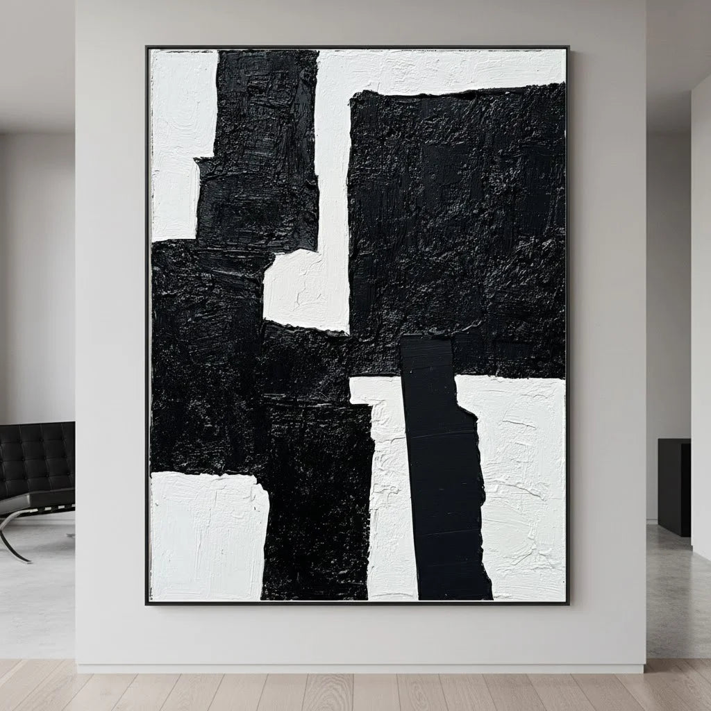 Obsidian Fracture: Textured Black and White Abstract Painting with Heavy Impasto Blocks