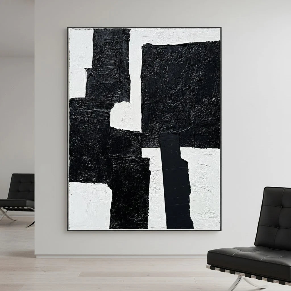Obsidian Fracture: Textured Black and White Abstract Painting with Heavy Impasto Blocks