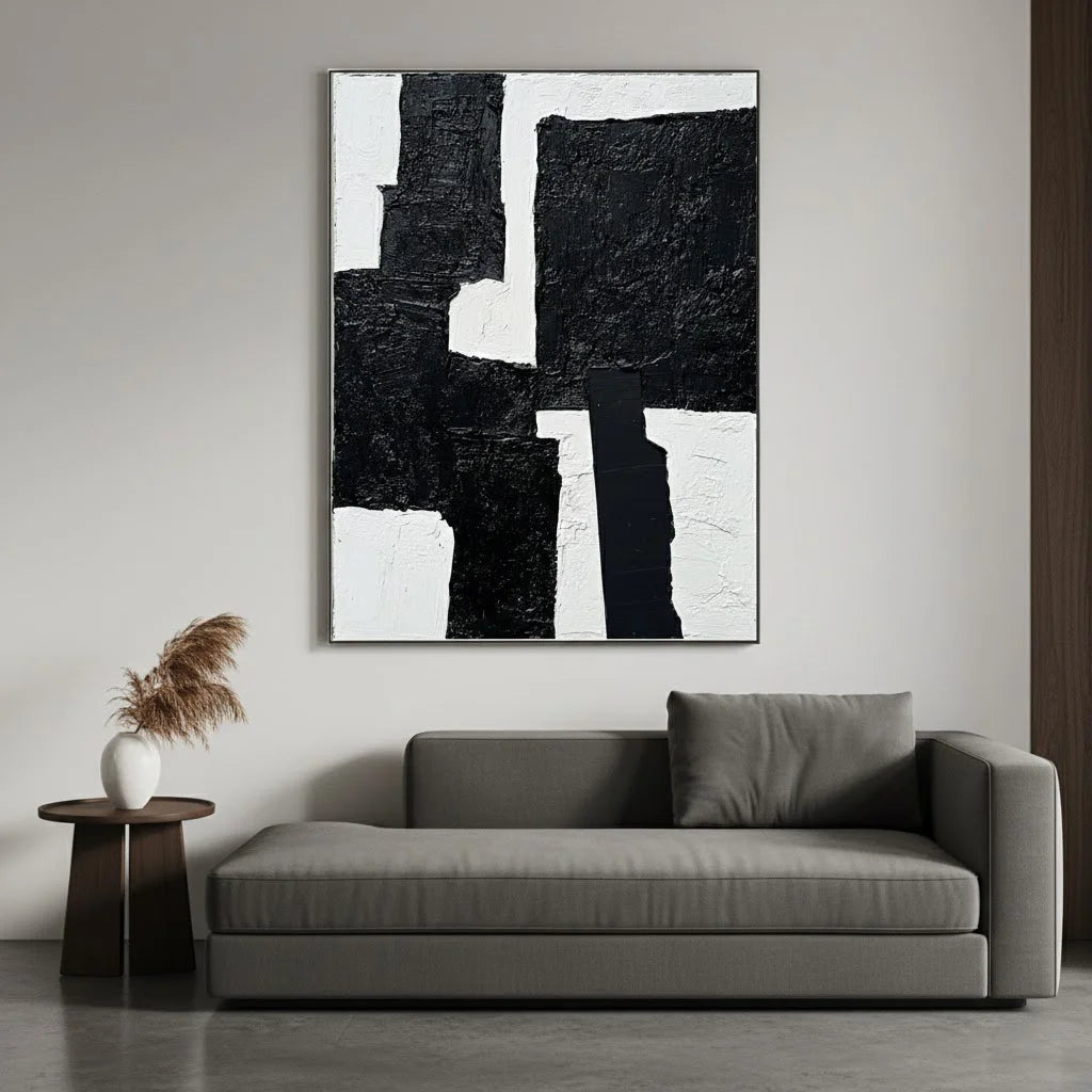 Obsidian Fracture: Textured Black and White Abstract Painting with Heavy Impasto Blocks