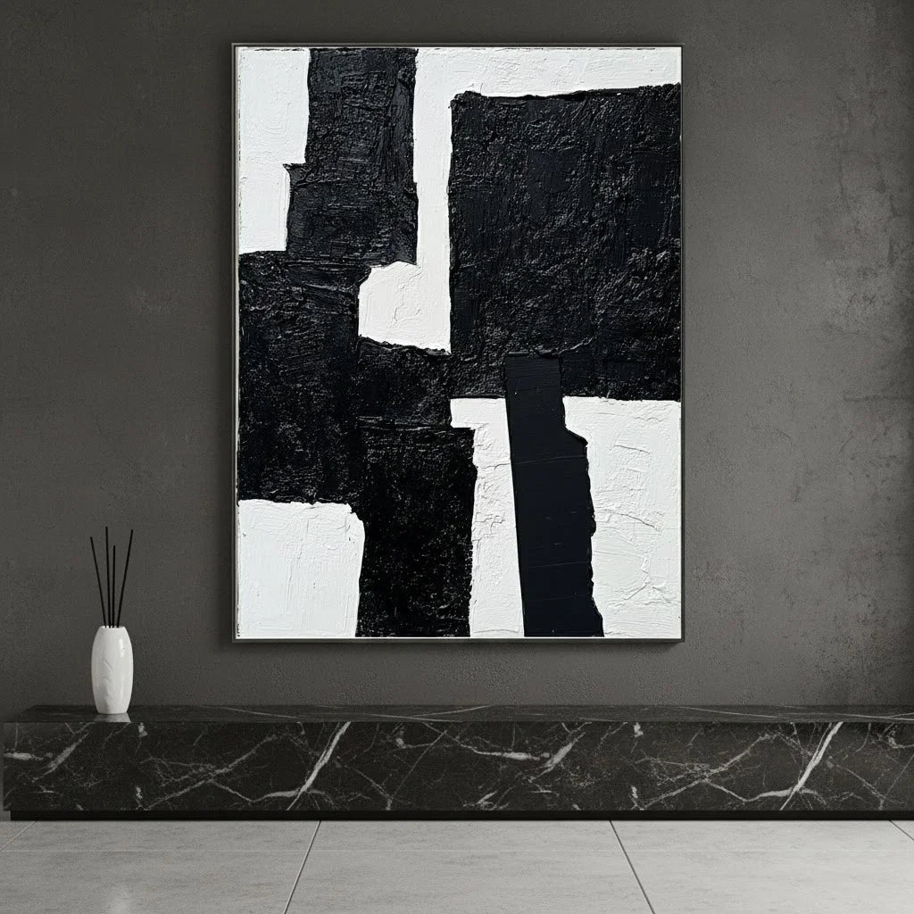 Obsidian Fracture: Textured Black and White Abstract Painting with Heavy Impasto Blocks
