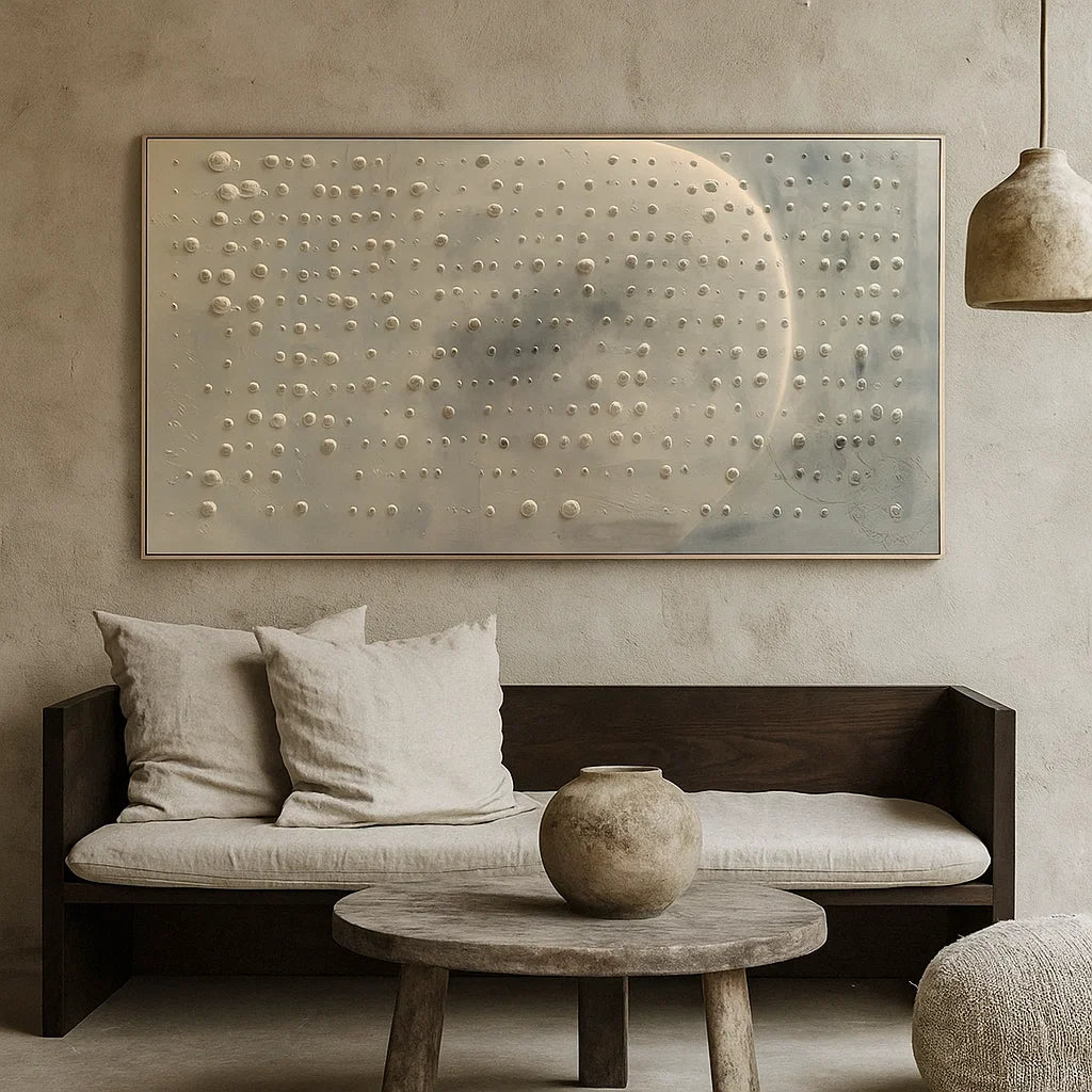 Wabi Sabi Neutral Moon Textured Wall Art, Large Minimal Abstract Canvas for Living Room