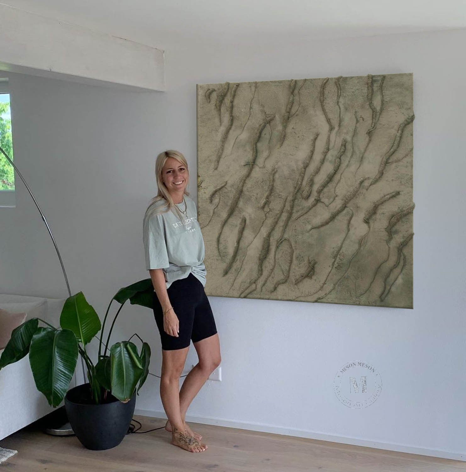 Wabi Sabi Earthy Green Textured Wall Art, Minimal Abstract Square Canvas for Living Room