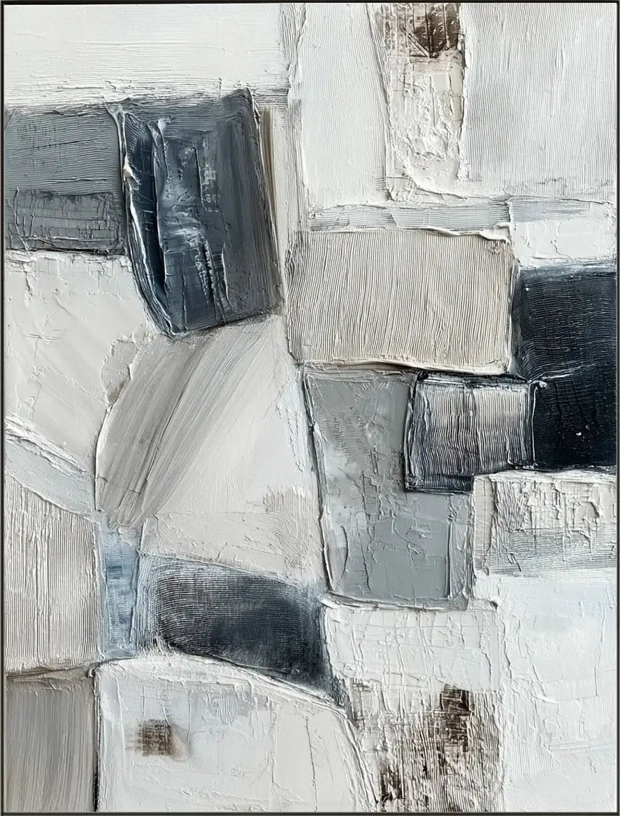 Urban Layers: Textured Black and White Abstract Painting for Modern Wall Decor