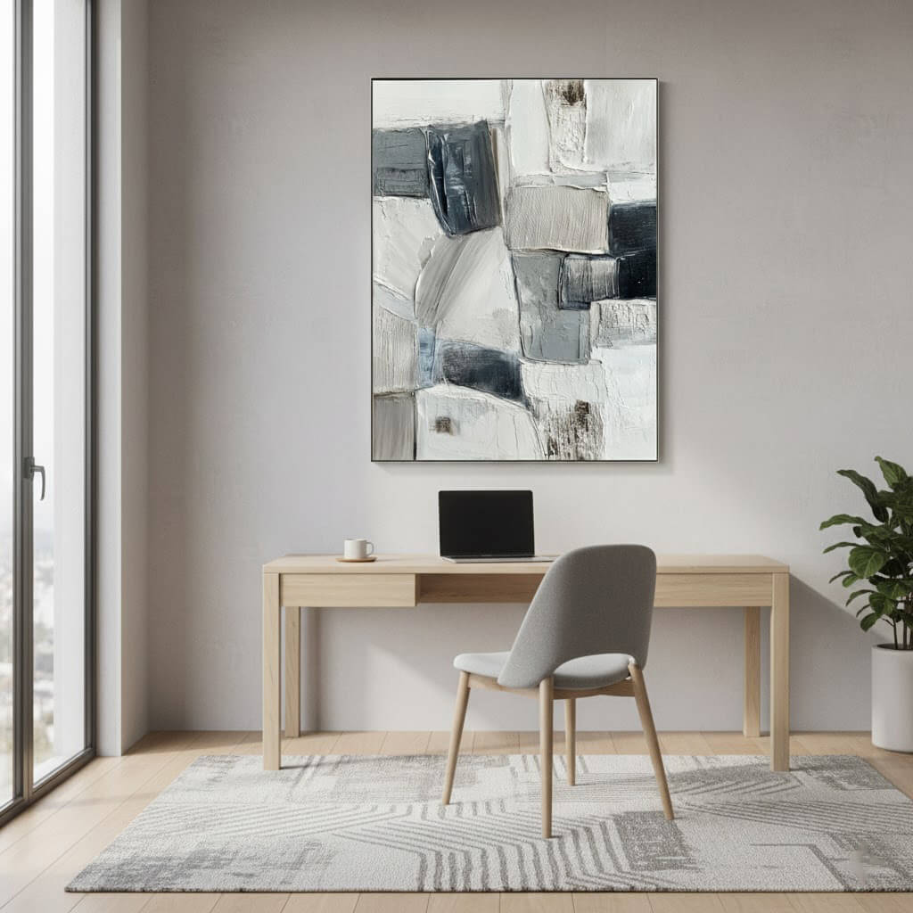 Urban Layers: Textured Black and White Abstract Painting for Modern Wall Decor