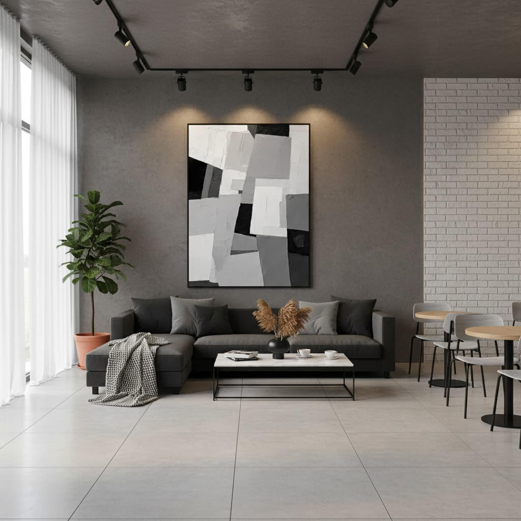 Monochrome Architecture: Textured Black and White Abstract Painting for Modern Decor