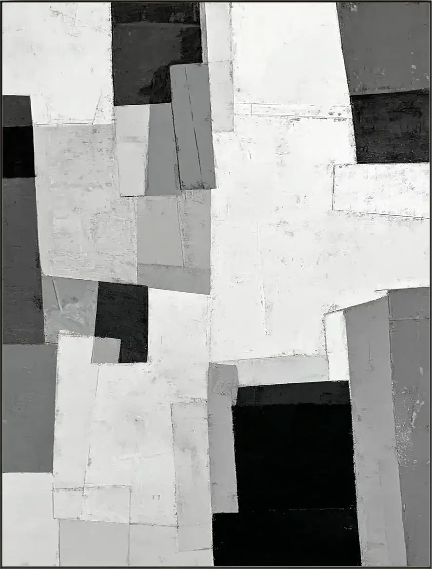 Grey Scale Construct: Textured Black and White Abstract Painting with Geometric Blocks