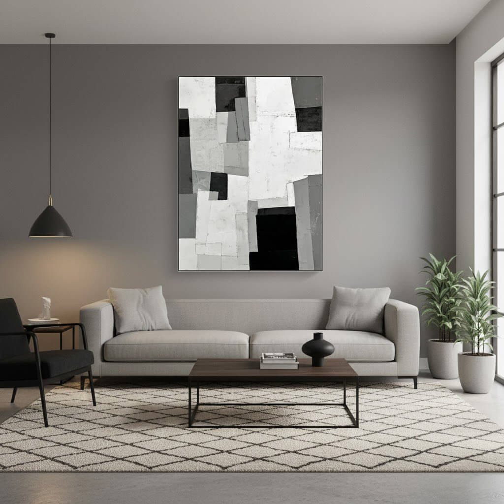 Grey Scale Construct: Textured Black and White Abstract Painting with Geometric Blocks