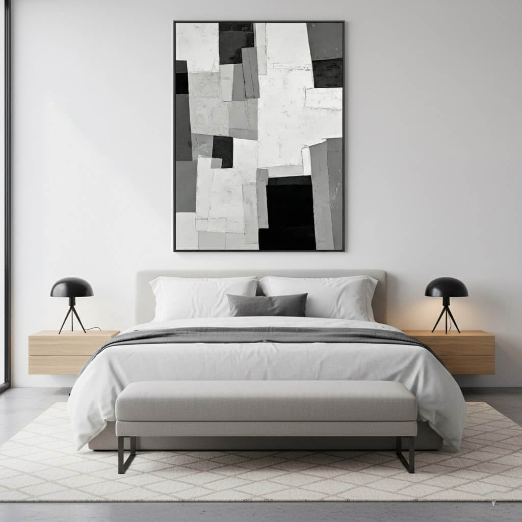 Grey Scale Construct: Textured Black and White Abstract Painting with Geometric Blocks