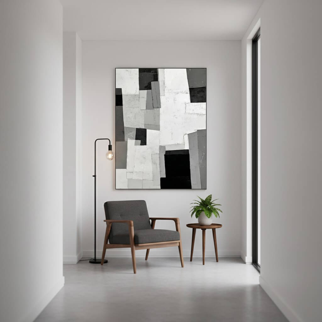 Grey Scale Construct: Textured Black and White Abstract Painting with Geometric Blocks