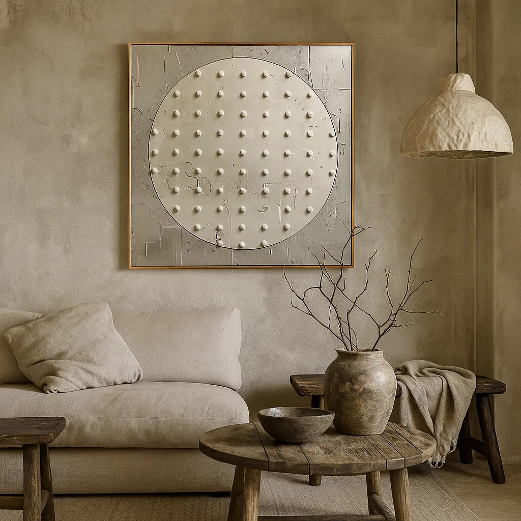 Wabi Sabi Neutral Circle Textured Wall Art, Minimal Abstract Square Canvas for Living Room