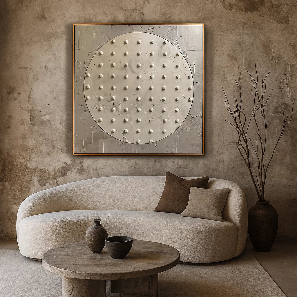 Wabi Sabi Neutral Circle Textured Wall Art, Minimal Abstract Square Canvas for Living Room