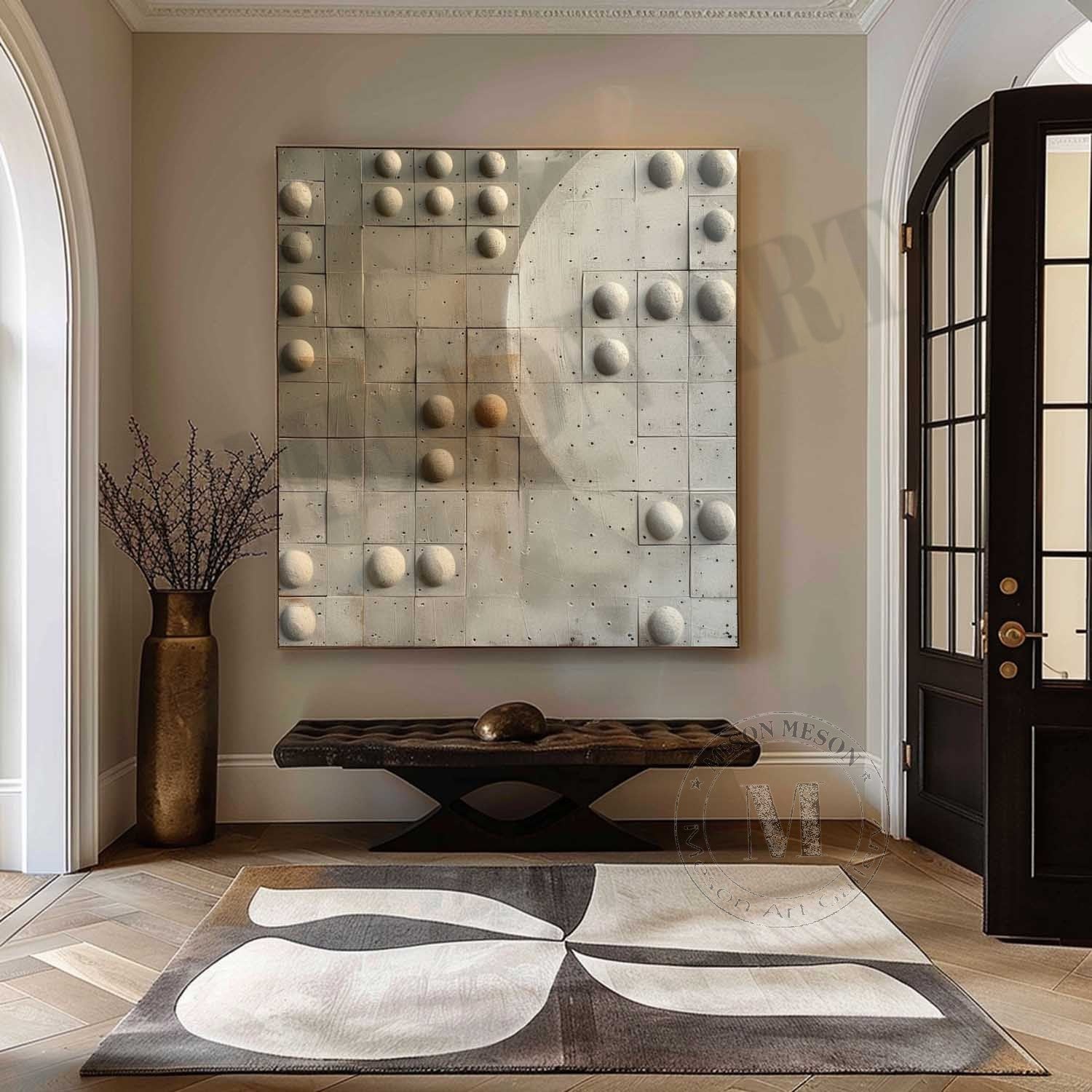 Wabi Sabi Neutral Orb Grid Textured Wall Art, Minimal Abstract Square Canvas