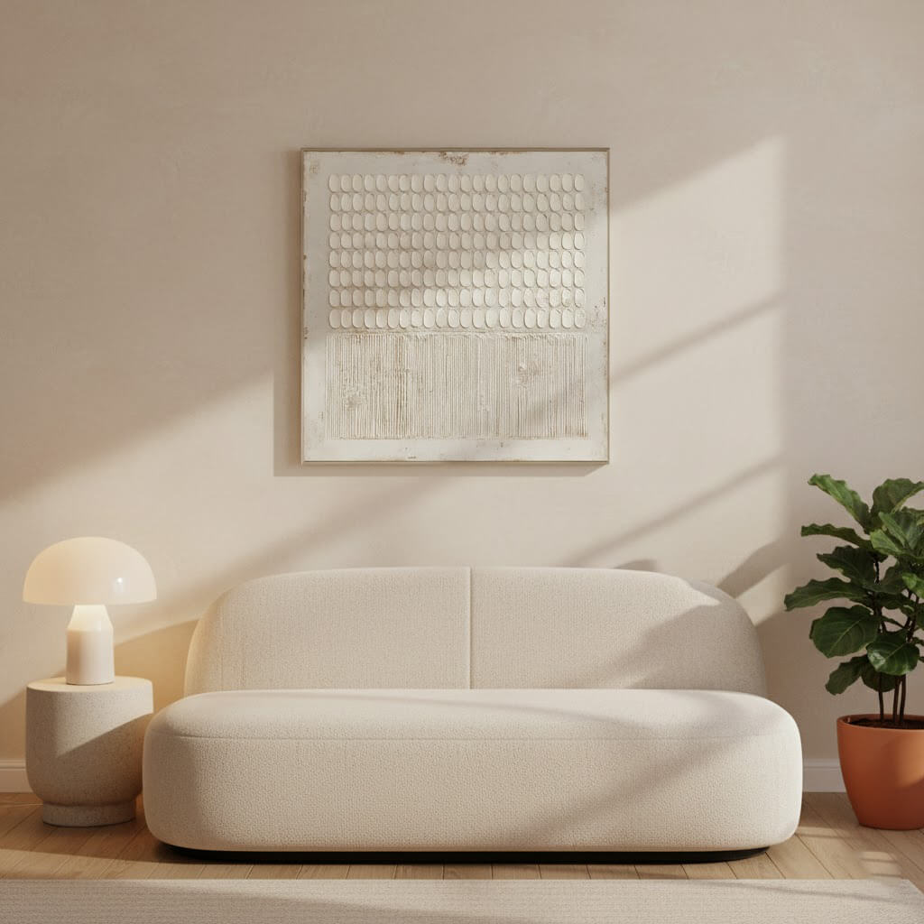 White Rhythm: Textured White Wabi Sabi Painting with 3D Geometric Relief