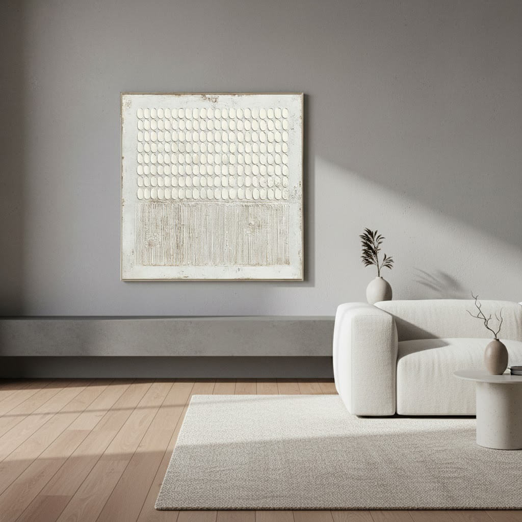 White Rhythm: Textured White Wabi Sabi Painting with 3D Geometric Relief