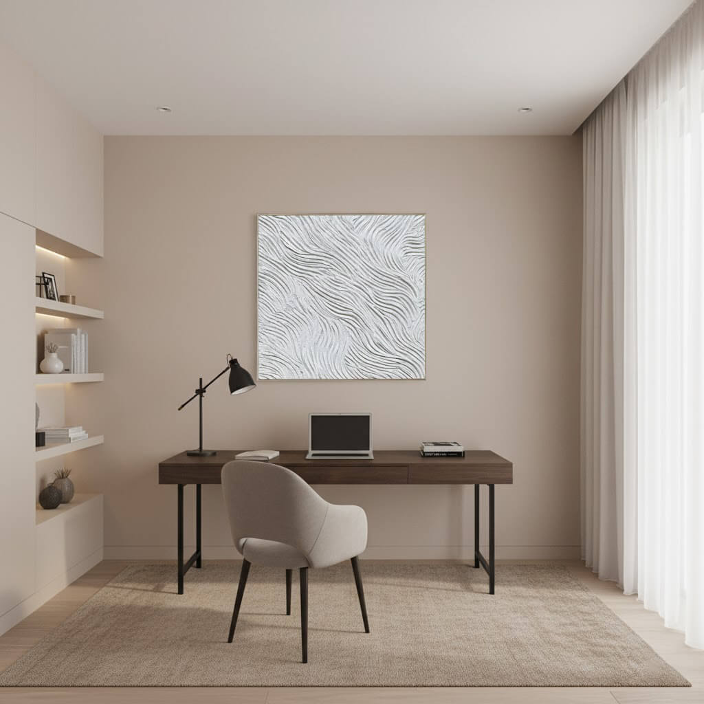 White Current: Textured White Abstract Painting with 3D Flowing Waves