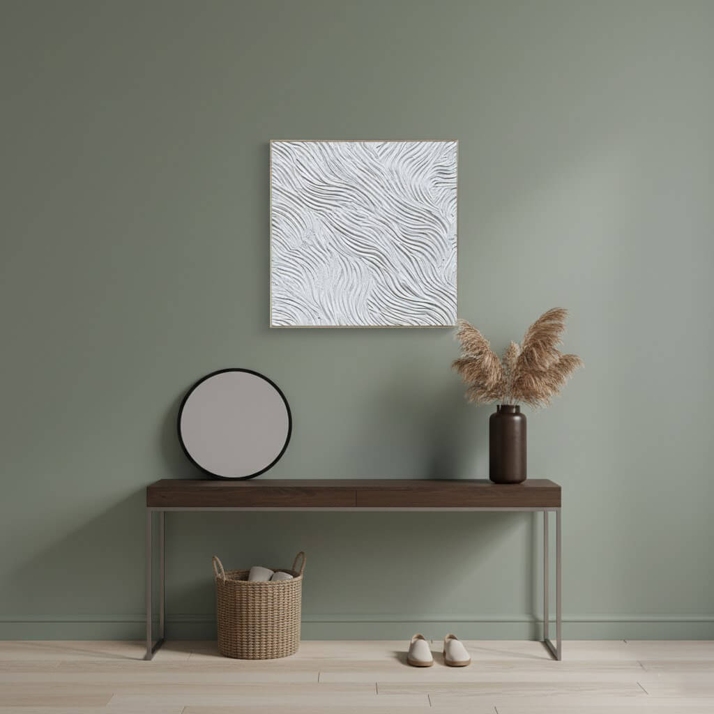 White Current: Textured White Abstract Painting with 3D Flowing Waves