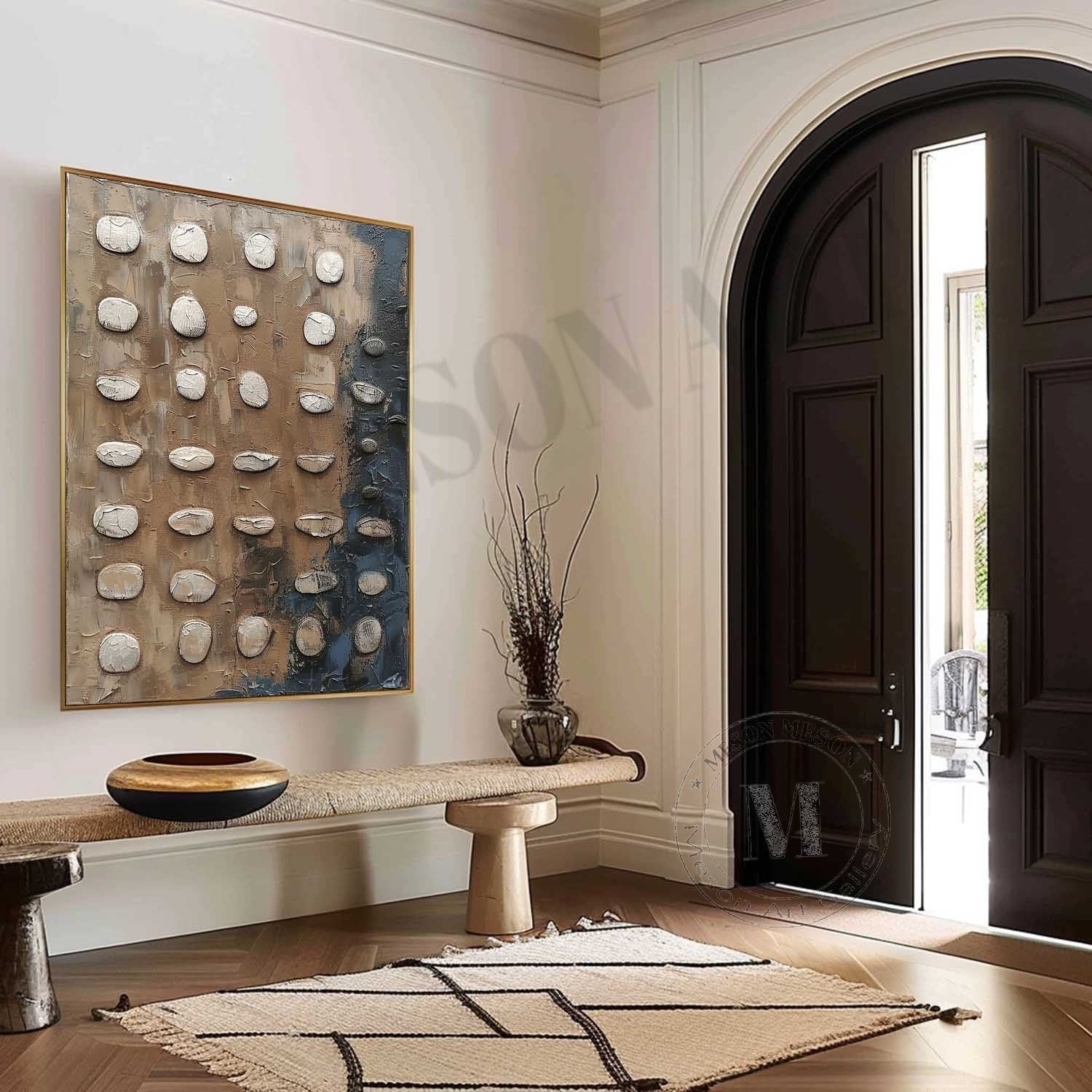 Shoreline Relics: Industrial Wabi Sabi Textured Painting with 3D Stone Relief