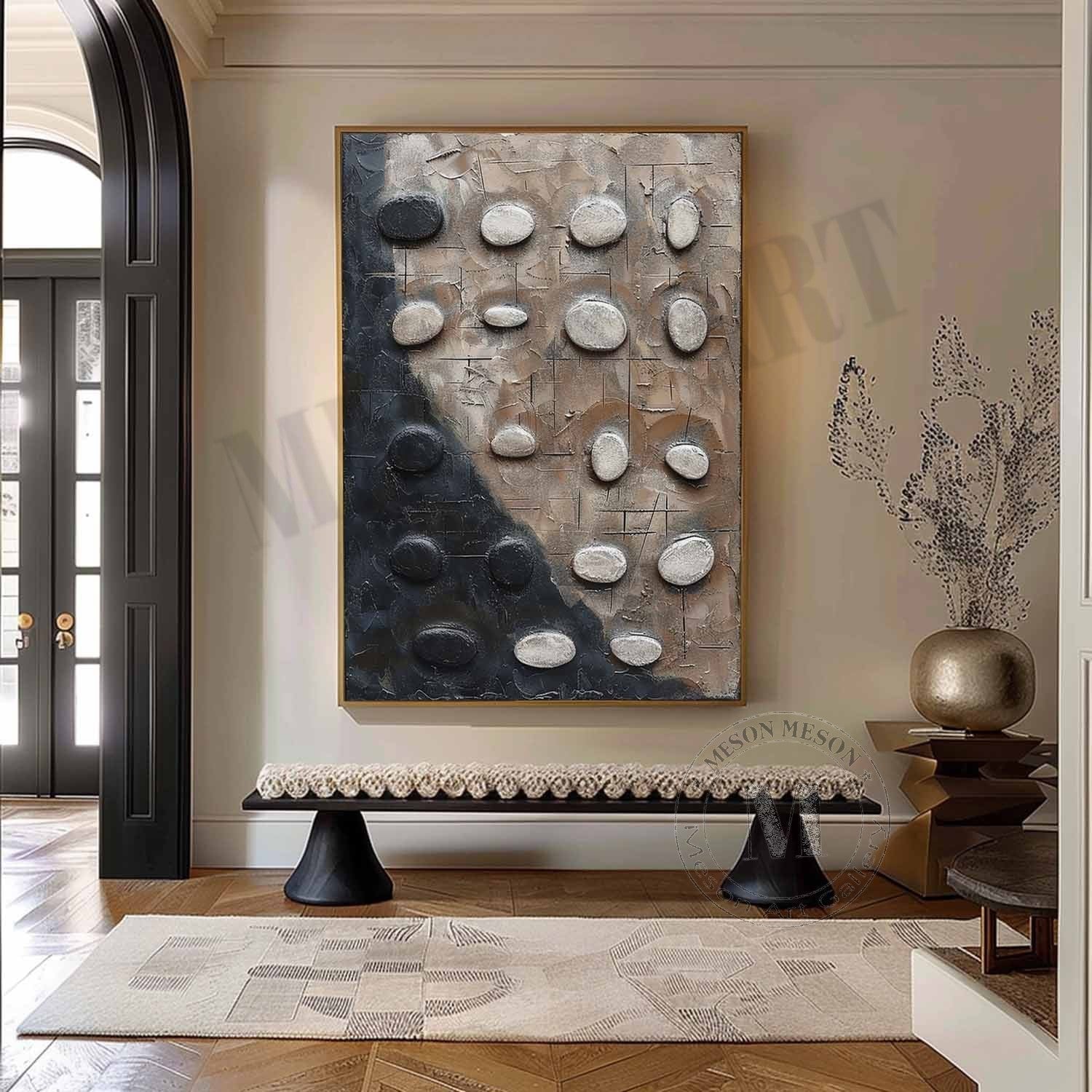 Earthen Equilibrium: Wabi Sabi Textured Painting with 3D Black and White Stones