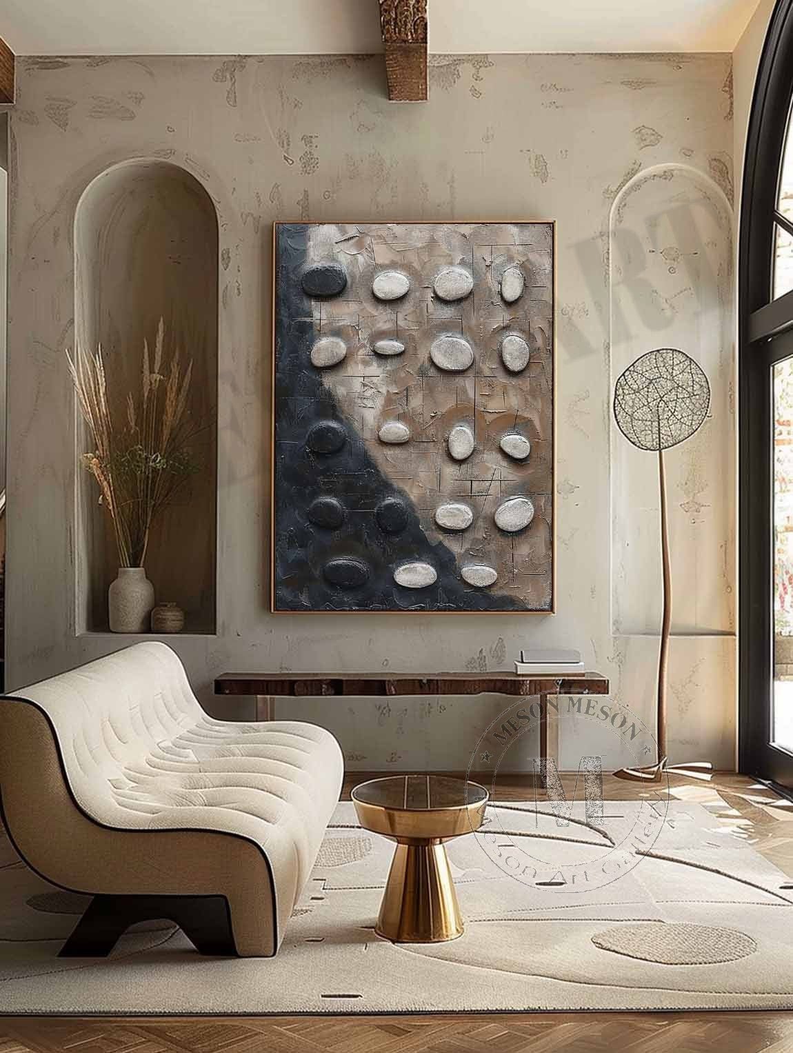 Earthen Equilibrium: Wabi Sabi Textured Painting with 3D Black and White Stones
