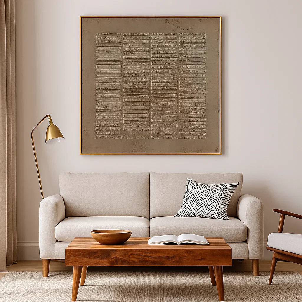 Wabi Sabi Neutral Grid Textured Wall Art, Minimal Abstract Square Canvas for Living Room