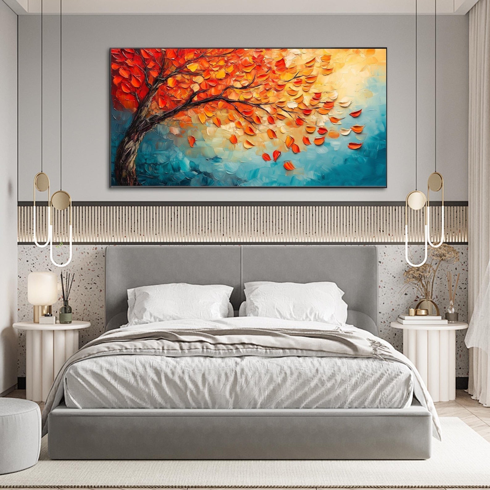 Autumn's Fire: Vibrant Textured Autumn Tree Painting for Living Room Landscape Wall Art