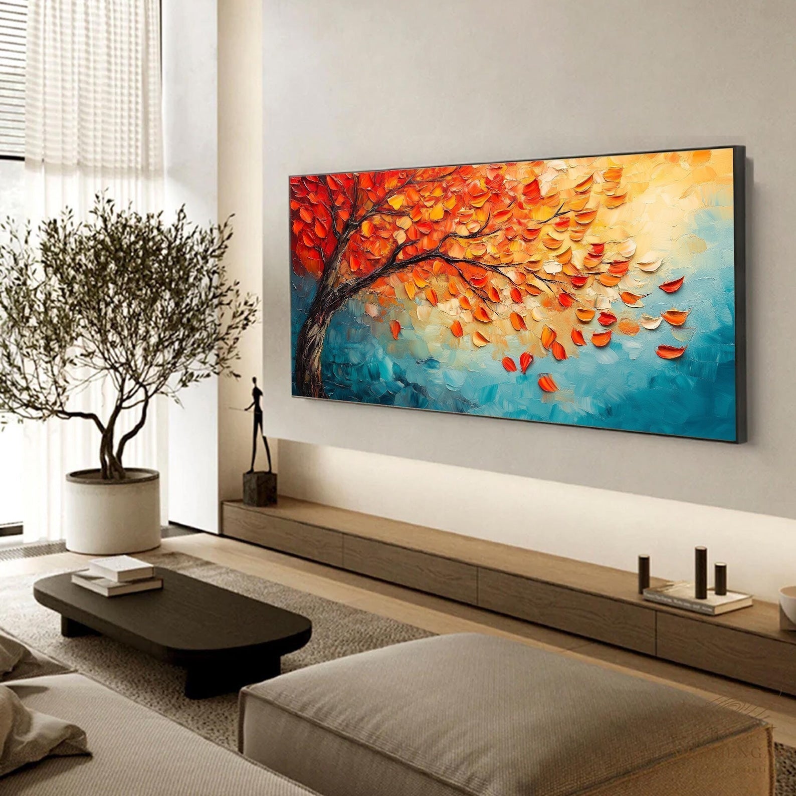 Autumn's Fire: Vibrant Textured Autumn Tree Painting for Living Room Landscape Wall Art