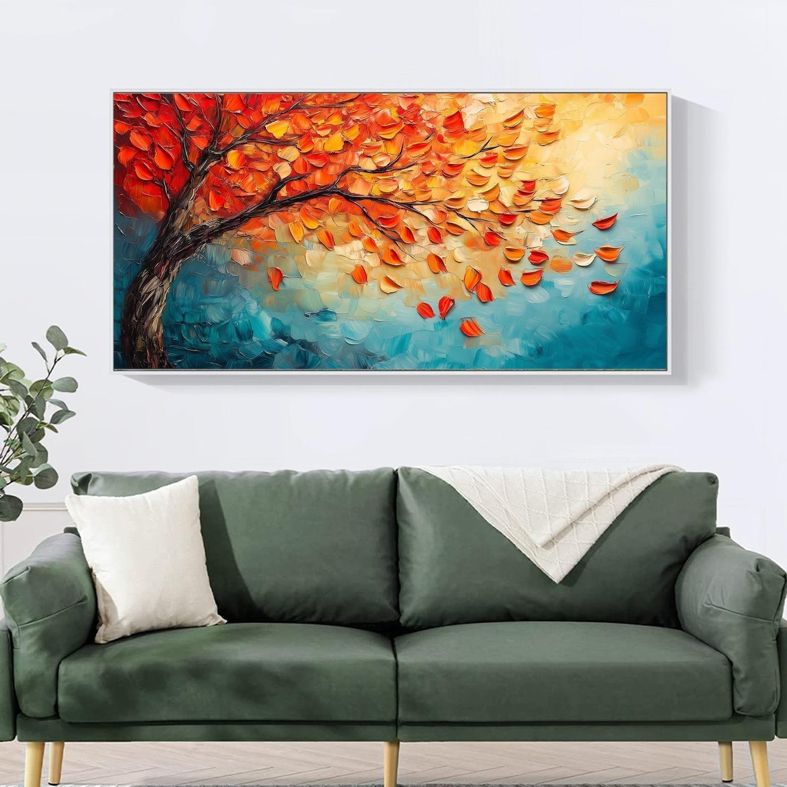 Autumn's Fire: Vibrant Textured Autumn Tree Painting for Living Room Landscape Wall Art
