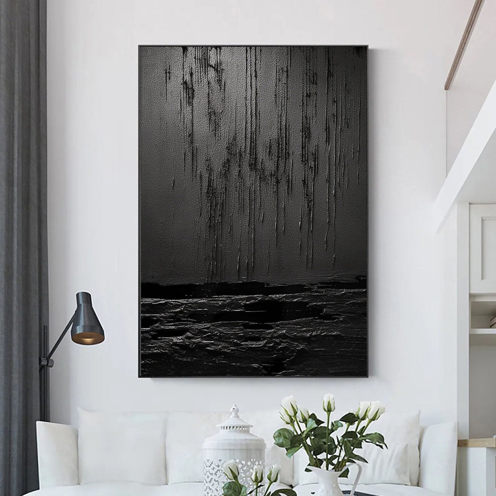 Nocturne Terrain: A Bold Textured Black Abstract Wall Art for Modern Interiors