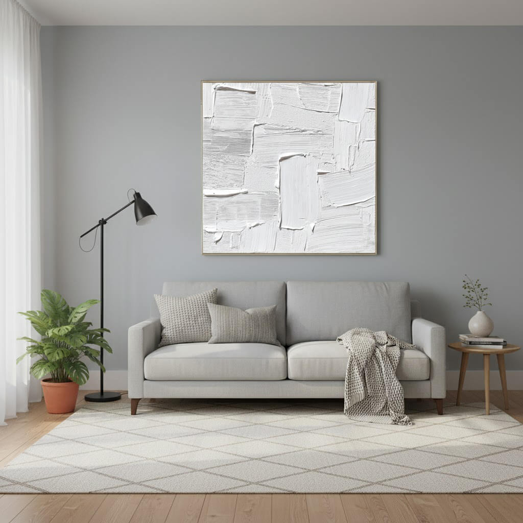Pure Structure: Textured White Abstract Painting with 3D Geometric Relief