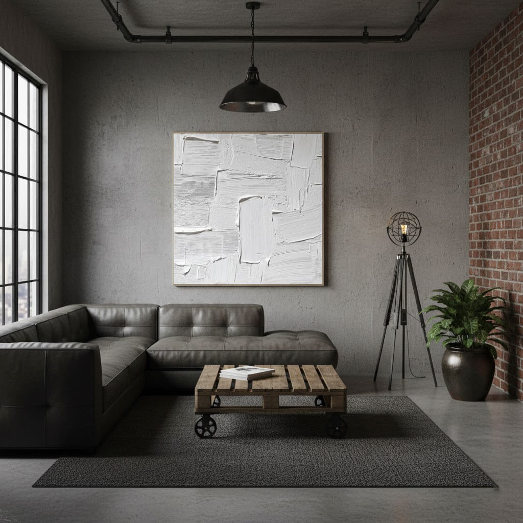 Pure Structure: Textured White Abstract Painting with 3D Geometric Relief