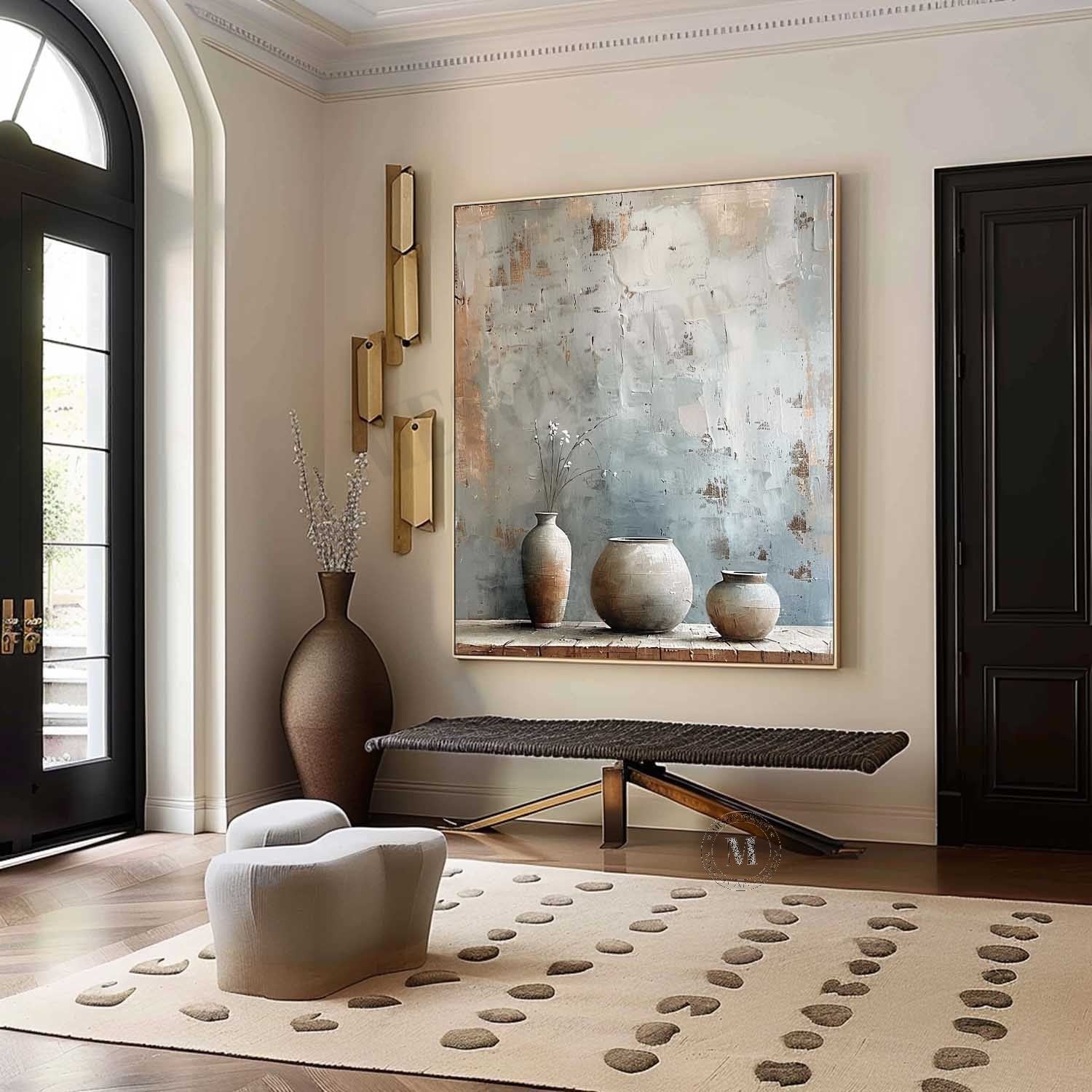 Wabi Sabi Neutral Pottery Still Life Wall Art, Textured Blue Beige Canvas for Living Room Decor