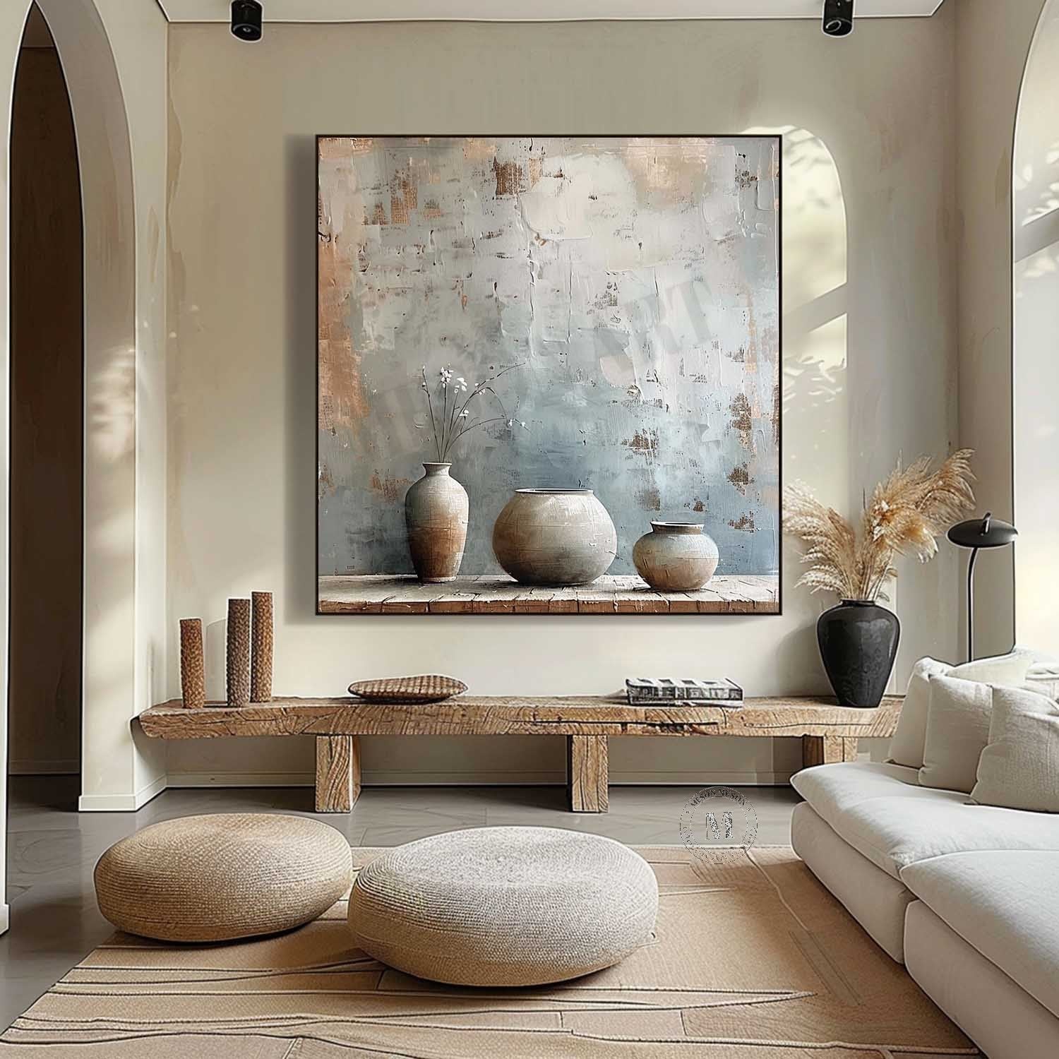 Wabi Sabi Neutral Pottery Still Life Wall Art, Textured Blue Beige Canvas for Living Room Decor