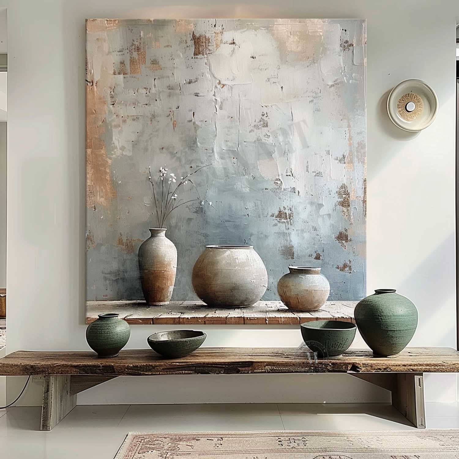Wabi Sabi Neutral Pottery Still Life Wall Art, Textured Blue Beige Canvas for Living Room Decor