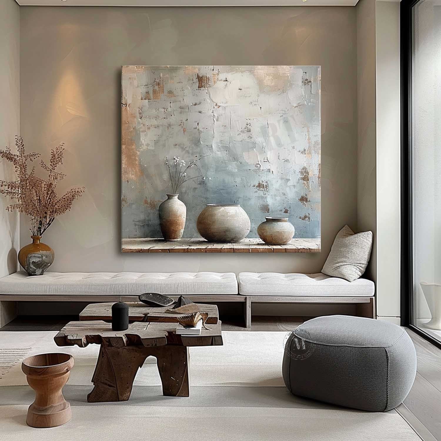 Wabi Sabi Neutral Pottery Still Life Wall Art, Textured Blue Beige Canvas for Living Room Decor