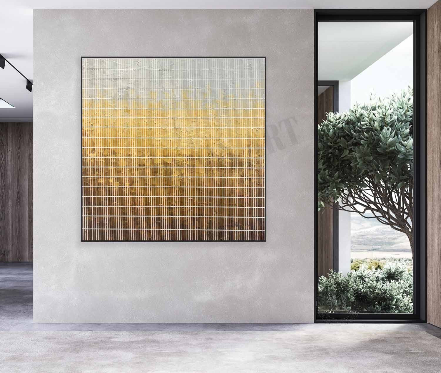 Wabi Sabi Gold Gradient Grid Textured Wall Art, Minimal Abstract Square Canvas for Living Room
