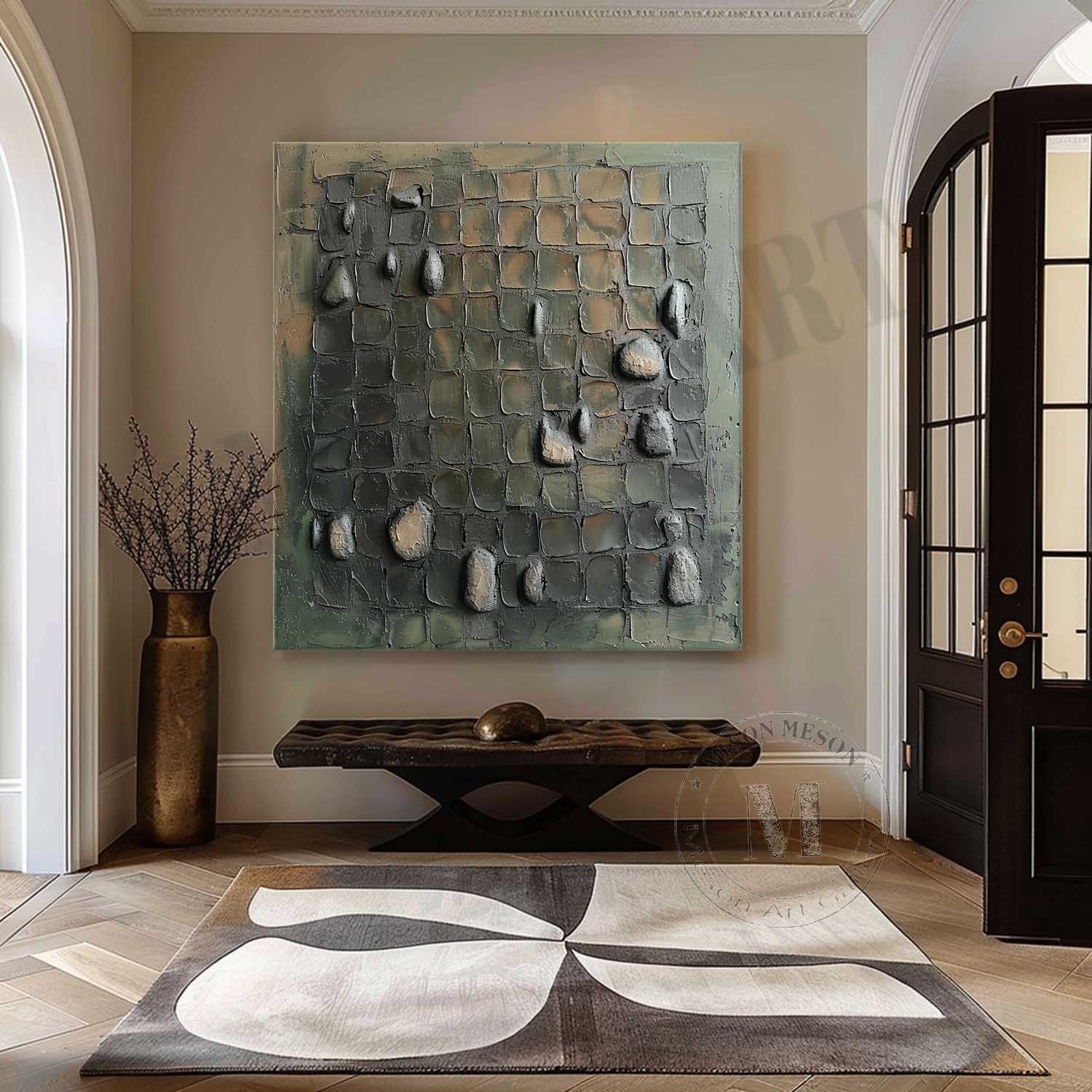Cobbled Earth: Industrial Green Wabi Sabi Textured Wall Art with 3D Stone Relief