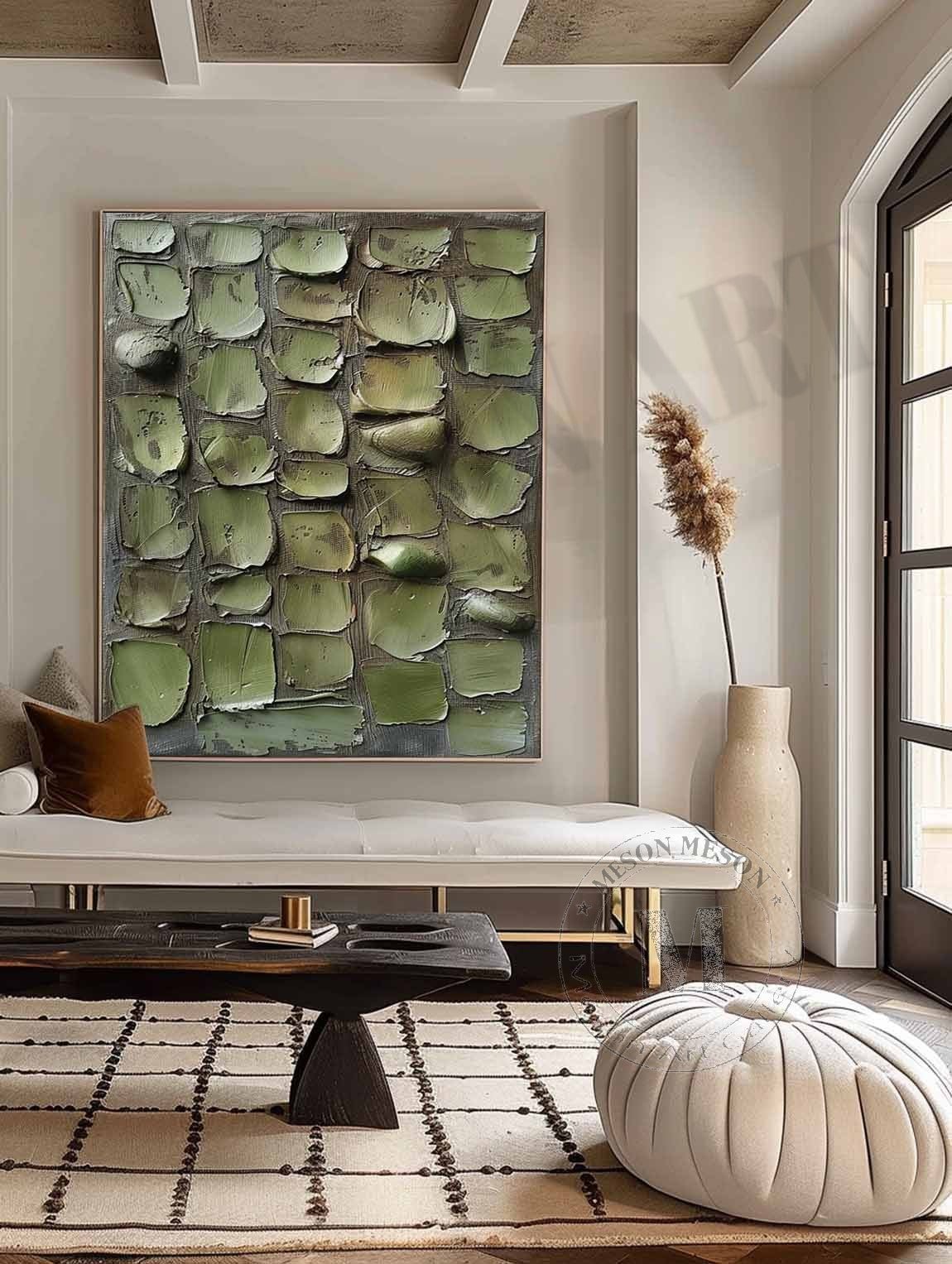 Veridian Mosaic: Heavy Texture Green Abstract Painting for Minimalist Wall Decor
