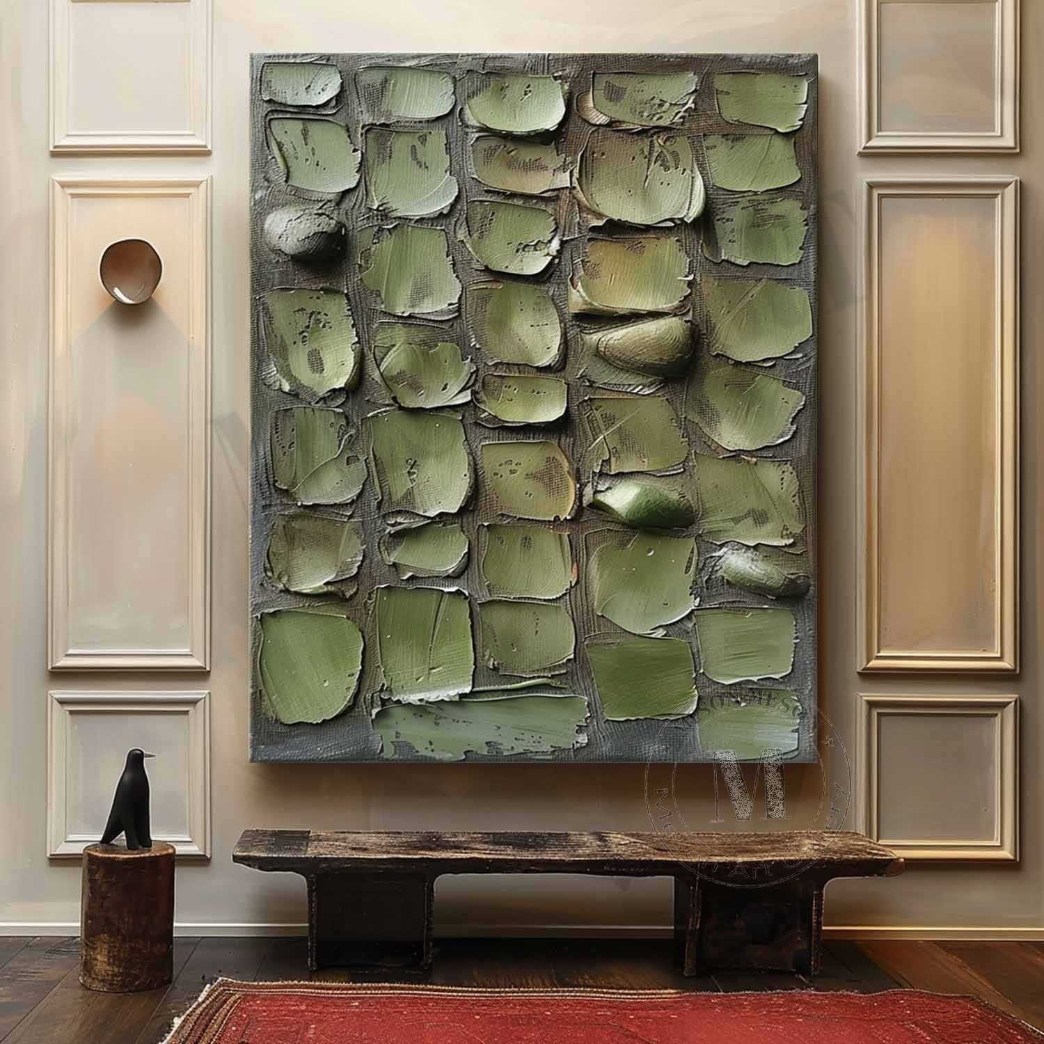 Veridian Mosaic: Heavy Texture Green Abstract Painting for Minimalist Wall Decor