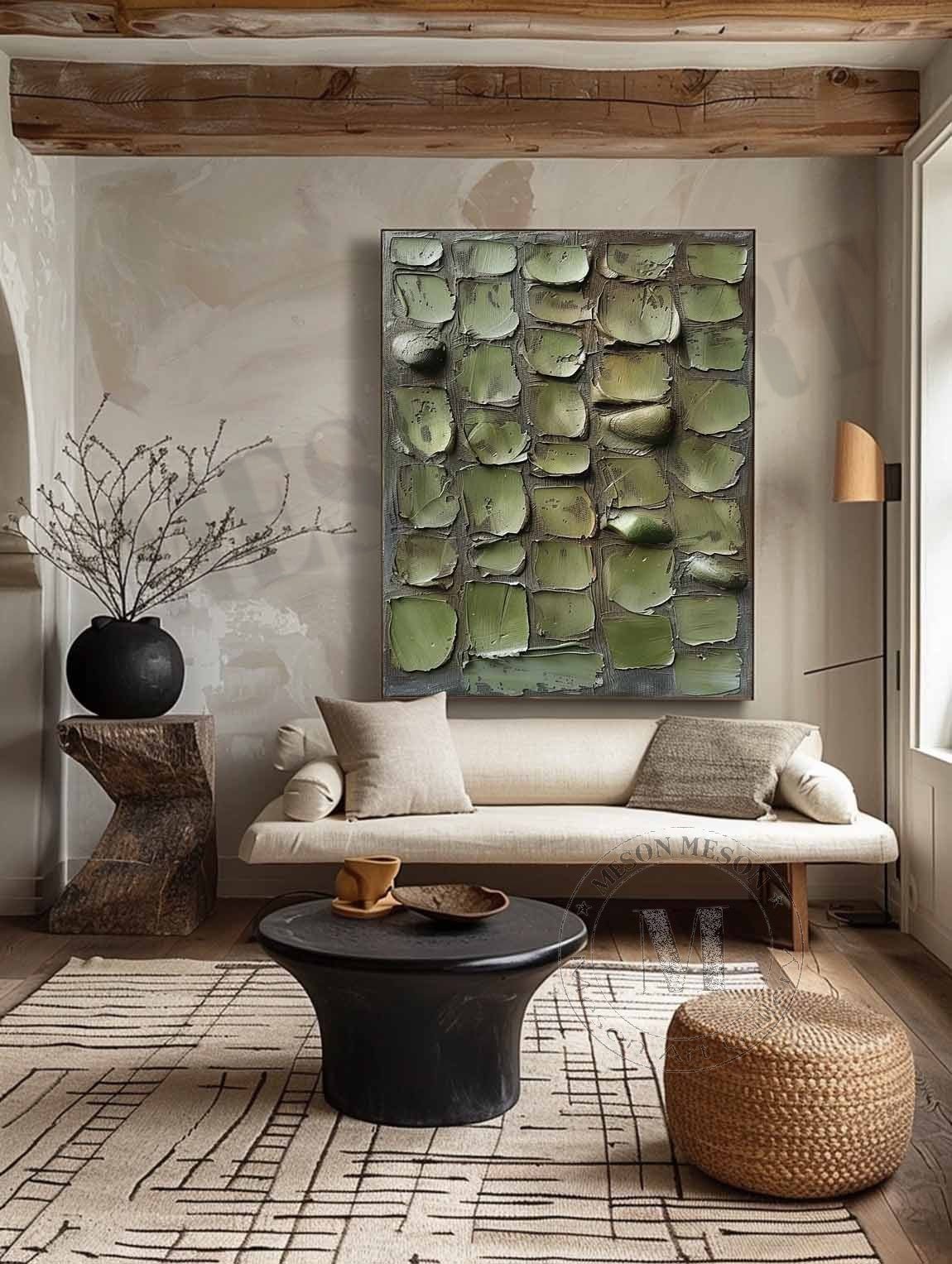 Veridian Mosaic: Heavy Texture Green Abstract Painting for Minimalist Wall Decor