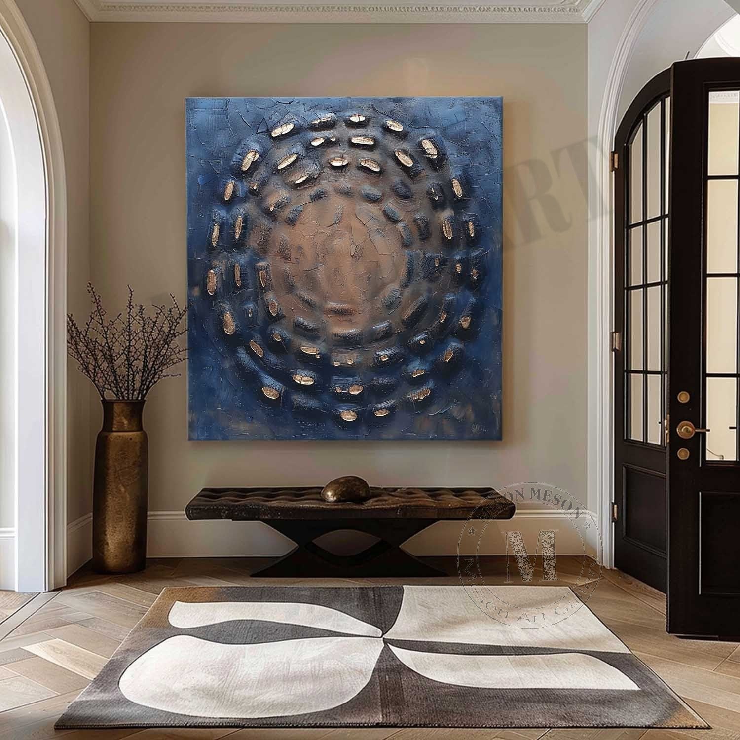 Cosmic Shield: A Textured Plaster Wall Art for Modern Office Decor