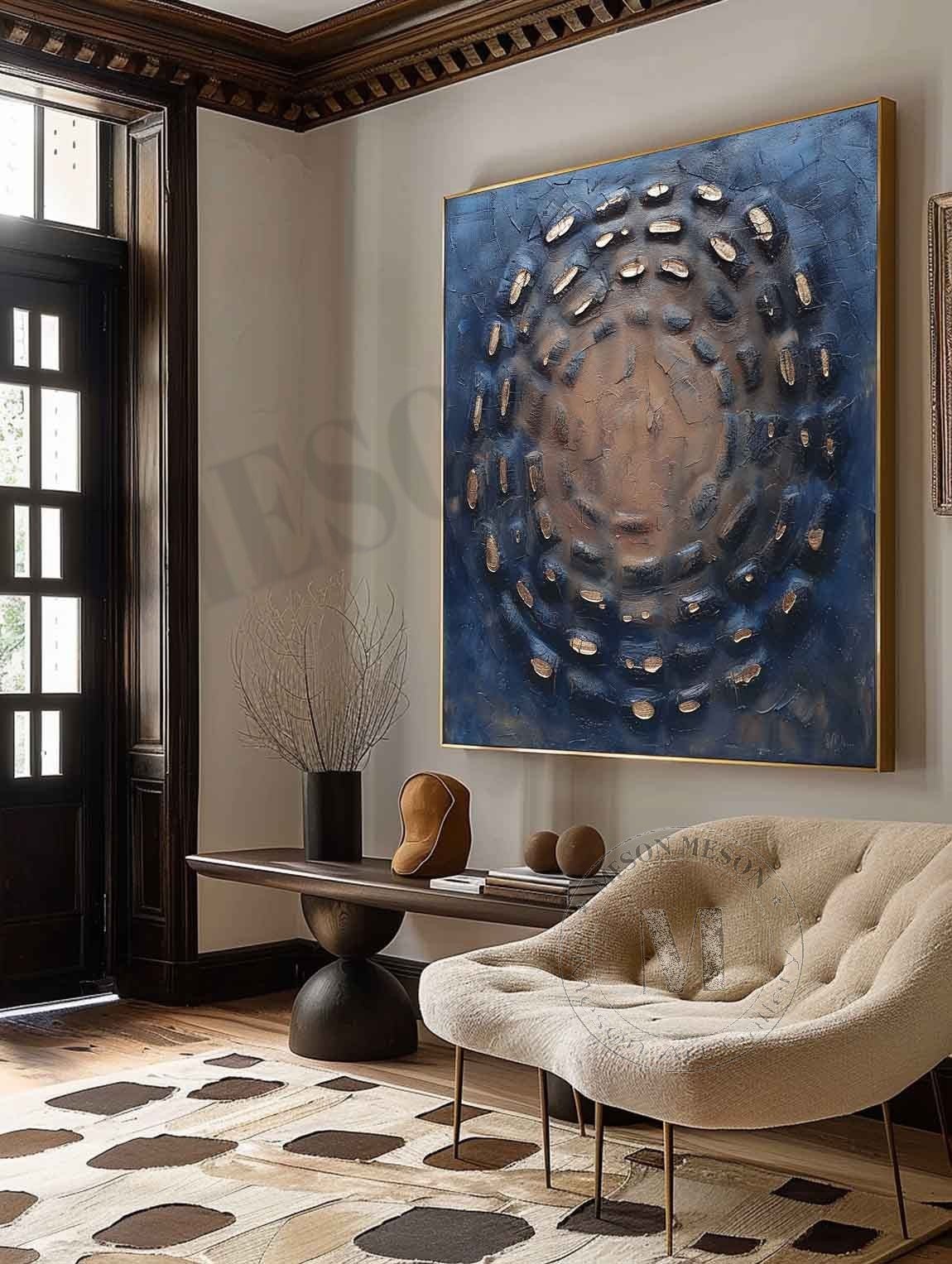 Cosmic Shield: A Textured Plaster Wall Art for Modern Office Decor