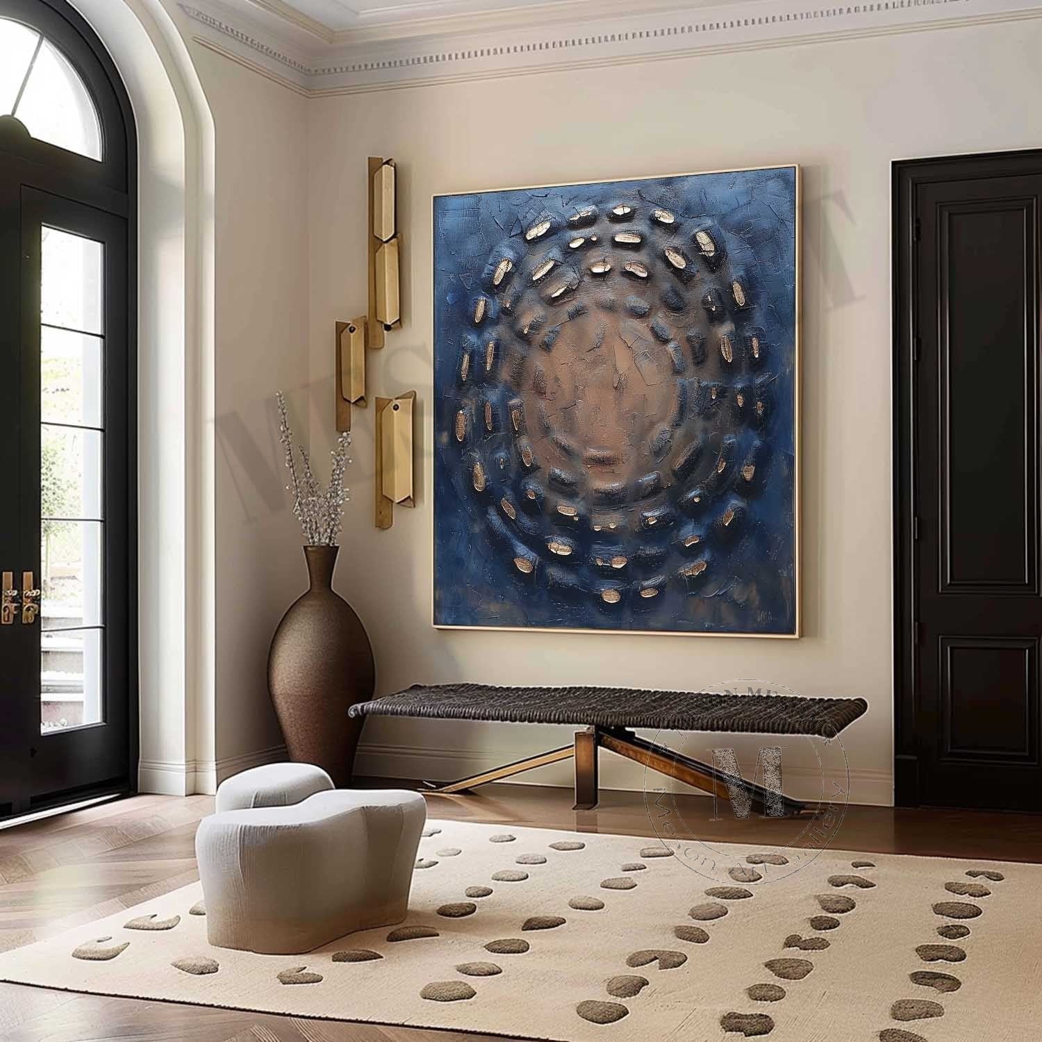 Cosmic Shield: A Textured Plaster Wall Art for Modern Office Decor