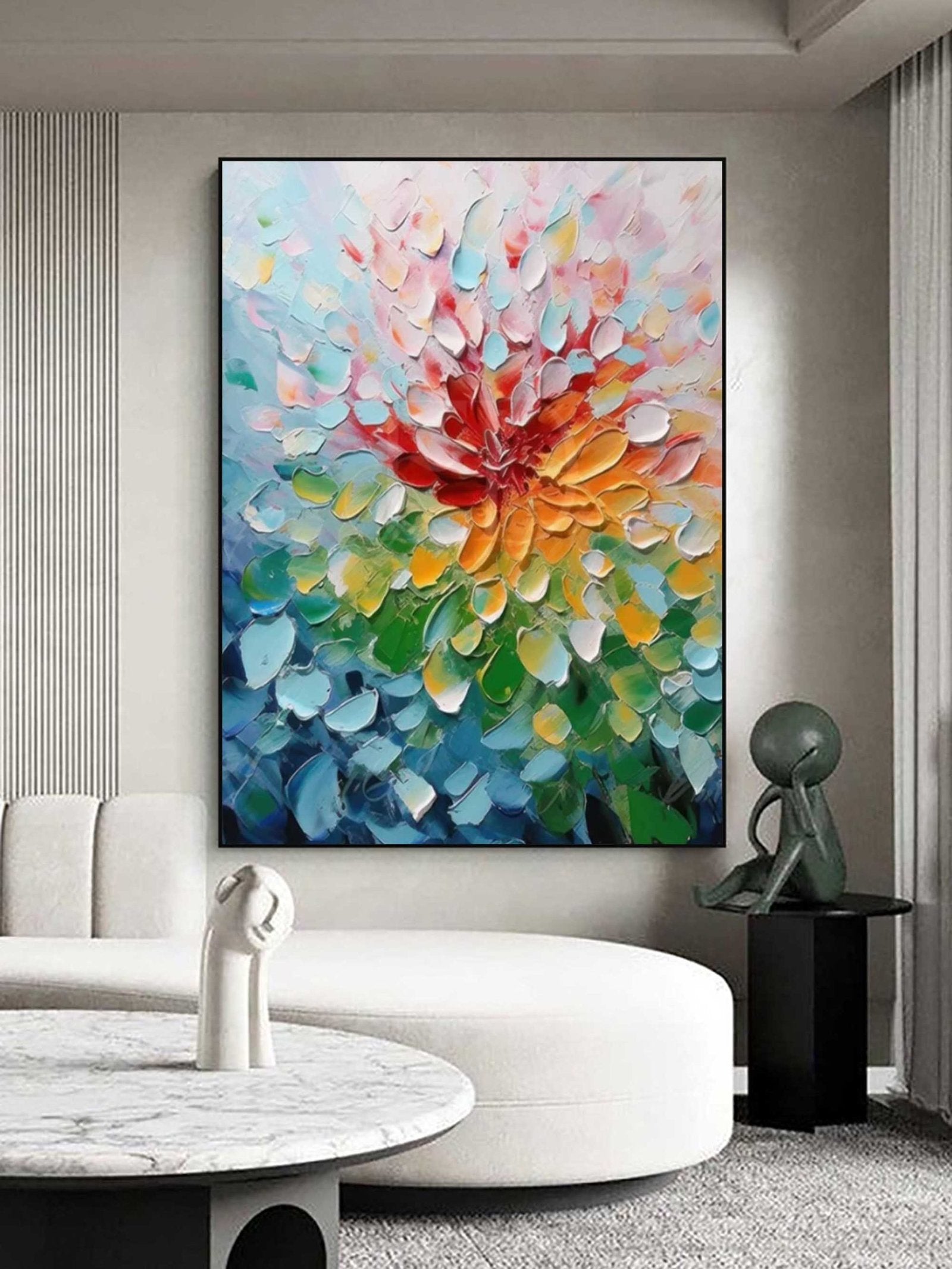 Chromatic Bloom: Textured Abstract Floral Paintings for Bedroom Decor
