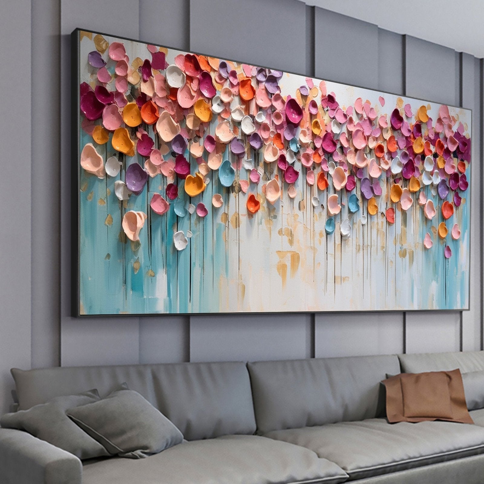 Chromatic Cascade: A Vibrant Textured Floral Wall Art for Your Living Room