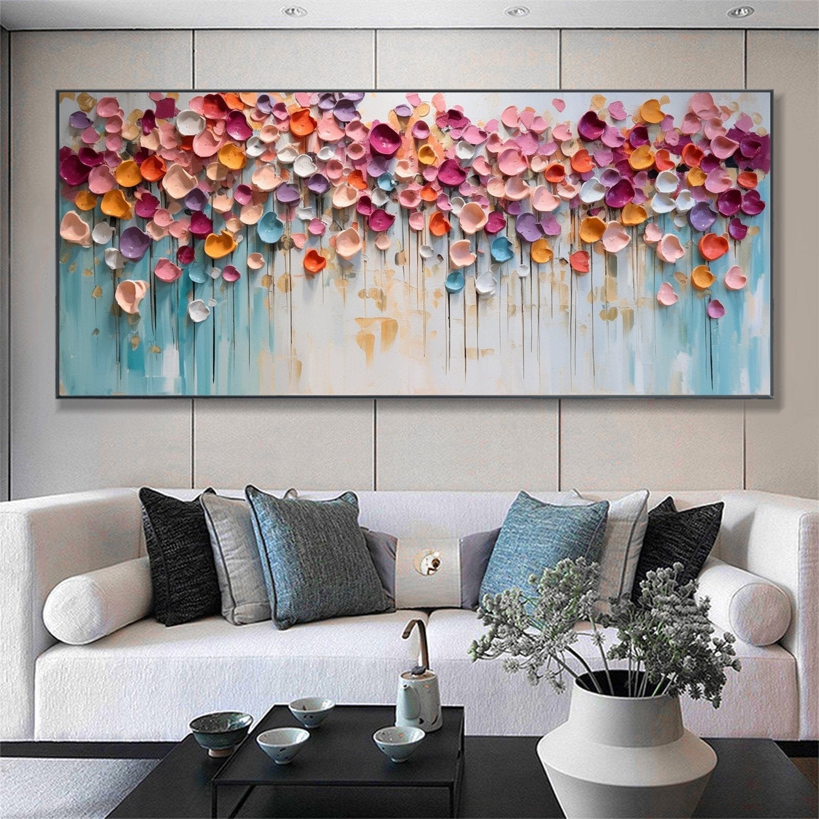 Chromatic Cascade: A Vibrant Textured Floral Wall Art for Your Living Room