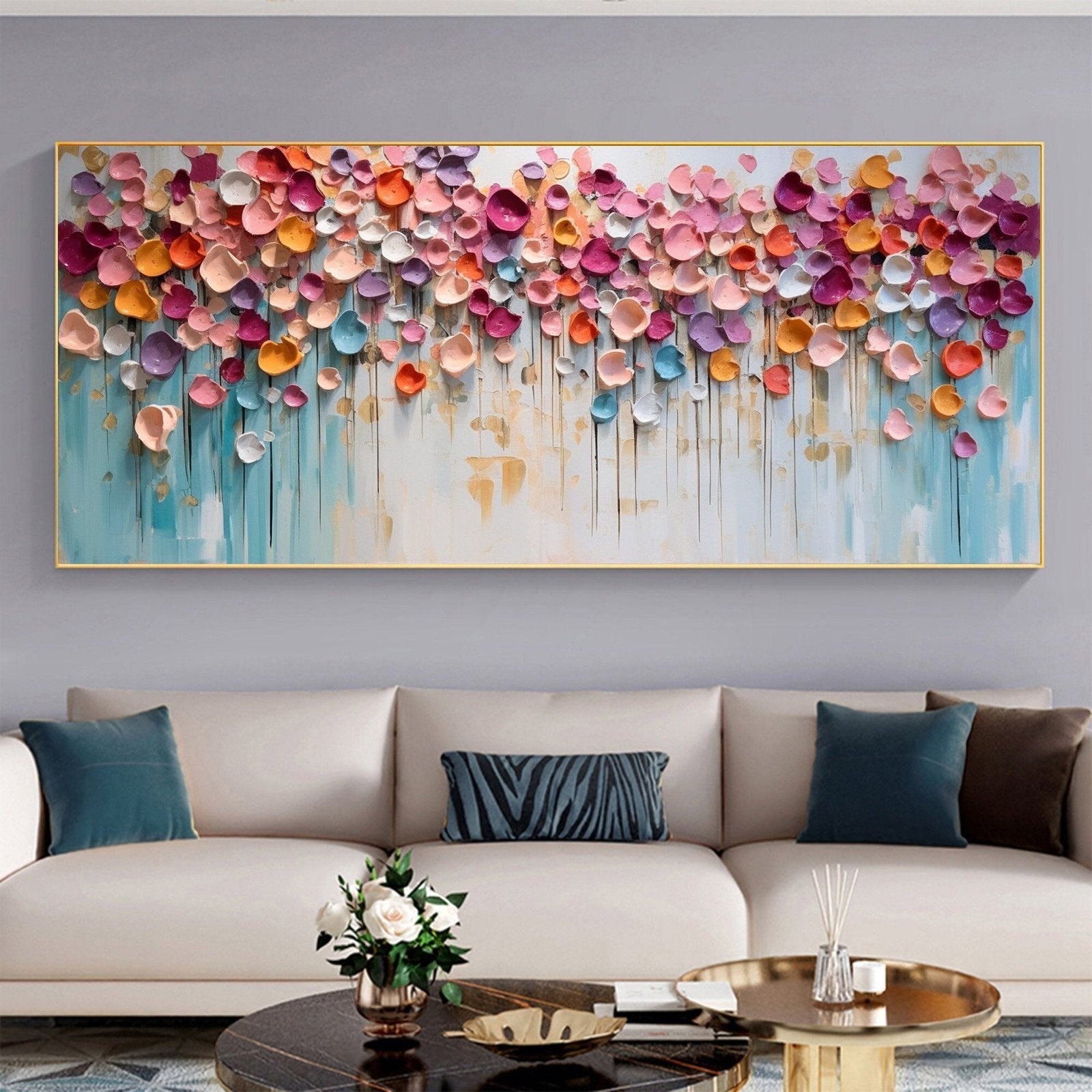 Chromatic Cascade: A Vibrant Textured Floral Wall Art for Your Living Room