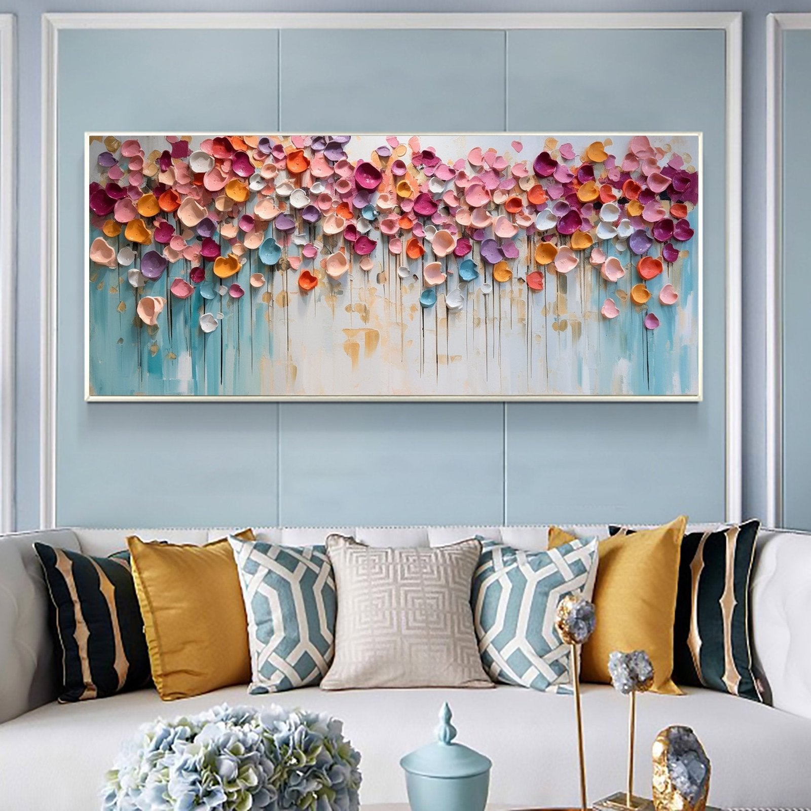 Chromatic Cascade: A Vibrant Textured Floral Wall Art for Your Living Room